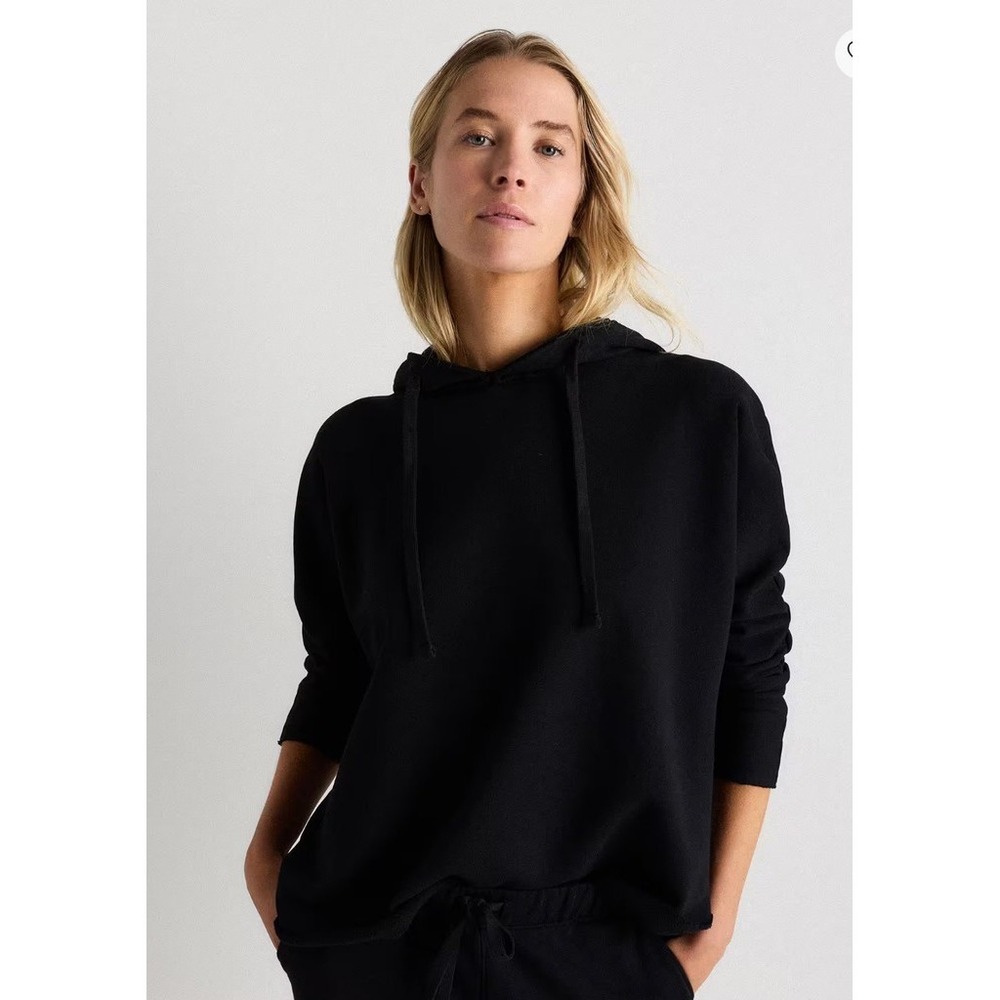 Quince Organic French Terry Women's Pullover Hoodie Sweatshirt Bold Black Size S
